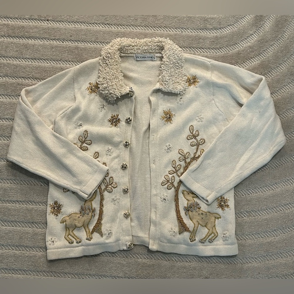 Vintage Victoria Jones Embroidered Beaded Holiday Winter Cardigan Sweater - M